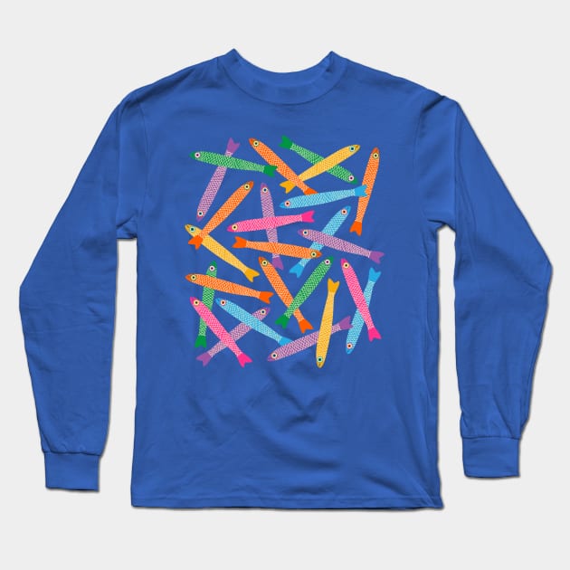 ANCHOVIES Bright Graphic Fun Groovy Fish in Rainbow Colors on Royal Blue - Tossed Layout - UnBlink Studio by Jackie Tahara Long Sleeve T-Shirt by UnBlink Studio by Jackie Tahara